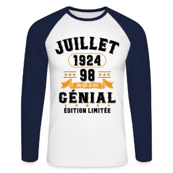 98 Ans Anniversaire Vintage Né(e) en Juillet 1924 - T-shirt baseball manches longues Homme - blanc/marine - Devant - Nik (191cm)
