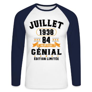 84 Ans Anniversaire Vintage Né(e) en Juillet 1938 - T-shirt baseball manches longues Homme - blanc/marine - Devant - Nik (191cm)