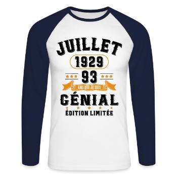 93 Ans Anniversaire Vintage Né(e) en Juillet 1929 - T-shirt baseball manches longues Homme - blanc/marine - Devant - Nik (191cm)