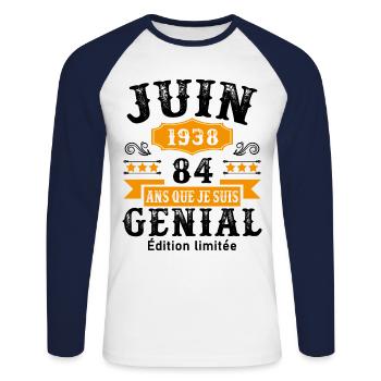 84 Ans Anniversaire Vintage Né(e) en Juin 1938 - T-shirt baseball manches longues Homme - blanc/marine - Devant - Nik (191cm)