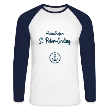 Heimathafen St. Peter Ording - Unisex Baseballshirt langarm - Weiß/Navy - Vorne - Nik (191cm)