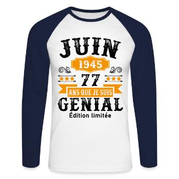 77 Ans Anniversaire Vintage Né(e) en Juin 1945 - T-shirt baseball manches longues Homme - blanc/marine - Devant - Nik (191cm)