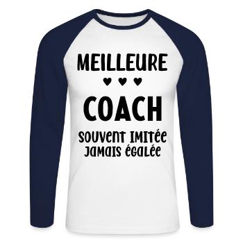 Femme Meilleure Coach Humour entraineuse Cadeau - T-shirt baseball manches longues Homme - blanc/marine - Devant - Nik (191cm)