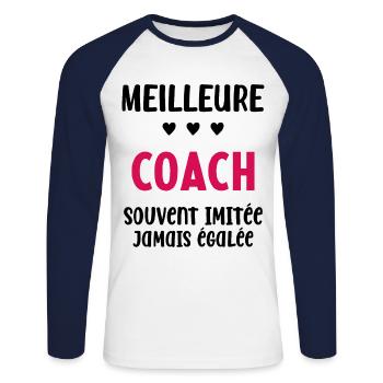 Femme Meilleure Coach Humour entraineuse Cadeau - T-shirt baseball manches longues Homme - blanc/marine - Devant - Nik (191cm)