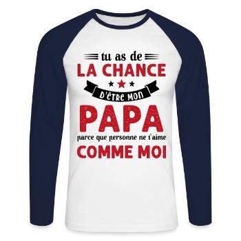 La chance d'être mon Papa Cadeau Humour Futur père - T-shirt baseball manches longues Homme - blanc/marine - Devant - Nik (191cm)