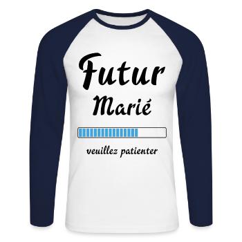 Futur marié veuillez patienter Humour mariage - T-shirt baseball manches longues Homme - blanc/marine - Devant - Nik (191cm)