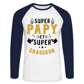 Super papy et Super Chasseur - T-shirt baseball manches longues Homme - blanc/marine - Devant - Nik (191cm)