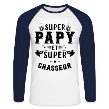 Super papy et Super Chasseur - T-shirt baseball manches longues Homme - blanc/marine - Devant - Nik (191cm)