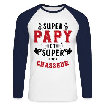 Super papy et Super Chasseur - T-shirt baseball manches longues Homme - blanc/marine - Devant - Nik (191cm)