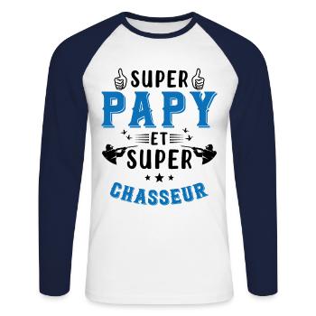 Super papy et Super Chasseur - T-shirt baseball manches longues Homme - blanc/marine - Devant - Nik (191cm)