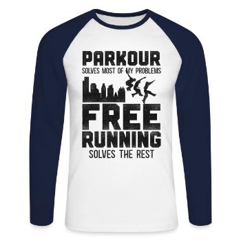 Parkour Free Running Traceur - Unisex Long Sleeve Baseball T-Shirt - white/navy - Front - Nik (191cm)