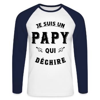Je suis un papy qui déchire - T-shirt baseball manches longues Homme - blanc/marine - Devant - Nik (191cm)