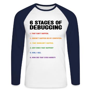 6 Stages Of Debugging Coder Programmer Software De - Unisex Baseballshirt langarm - Weiß/Navy - Vorne - Nik (191cm)