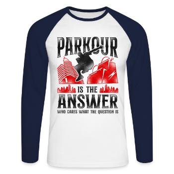Parkour Free Running Traceur - Unisex Long Sleeve Baseball T-Shirt - white/navy - Front - Nik (191cm)
