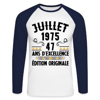 47 Ans Anniversaire Vintage Né(e) en Juillet 1975 - T-shirt baseball manches longues Homme - blanc/marine - Devant - Nik (191cm)