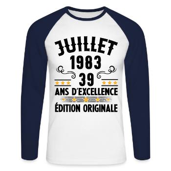 39 Ans Anniversaire Vintage Né(e) en Juillet 1983 - T-shirt baseball manches longues Homme - blanc/marine - Devant - Nik (191cm)