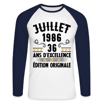 36 Ans Anniversaire Vintage Né(e) en Juillet 1986 - T-shirt baseball manches longues Homme - blanc/marine - Devant - Nik (191cm)