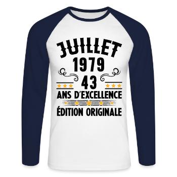 43 Ans Anniversaire Vintage Né(e) en Juillet 1979 - T-shirt baseball manches longues Homme - blanc/marine - Devant - Nik (191cm)