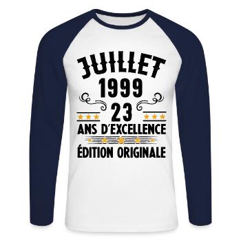 23 Ans Anniversaire Vintage Né(e) en Juillet 1999 - T-shirt baseball manches longues Homme - blanc/marine - Devant - Nik (191cm)