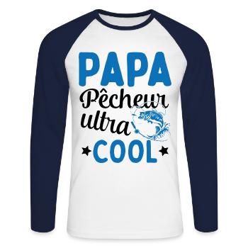 Cadeau Papa pêcheur cadeau fête des pères - T-shirt baseball manches longues Homme - blanc/marine - Devant - Nik (191cm)