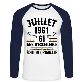 61 Ans Anniversaire Vintage Né(e) en Juillet 1961 - T-shirt baseball manches longues Homme - blanc/marine - Devant - Nik (191cm)