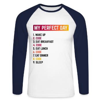 My Perfect Day Wake Up Code Software Developer Pro - Unisex Baseballshirt langarm - Weiß/Navy - Vorne - Nik (191cm)