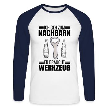 Bier Ich Geh Zum Nachbarn Er Braucht Werkzeug - Unisex Baseballshirt langarm - Weiß/Navy - Vorne - Nik (191cm)