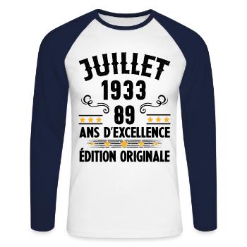 89 Ans Anniversaire Vintage Né(e) en Juillet 1933 - T-shirt baseball manches longues Homme - blanc/marine - Devant - Nik (191cm)