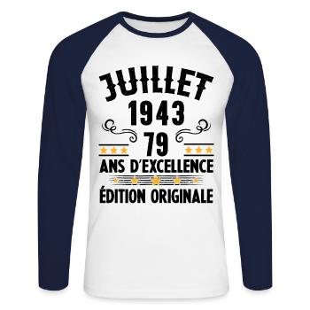79 Ans Anniversaire Vintage Né(e) en Juillet 1943 - T-shirt baseball manches longues Homme - blanc/marine - Devant - Nik (191cm)