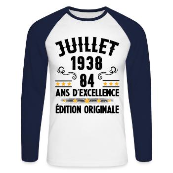 84 Ans Anniversaire Vintage Né(e) en Juillet 1938 - T-shirt baseball manches longues Homme - blanc/marine - Devant - Nik (191cm)