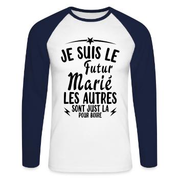 Cadeau de célibataire pour un futur marié - T-shirt baseball manches longues Homme - blanc/marine - Devant - Nik (191cm)