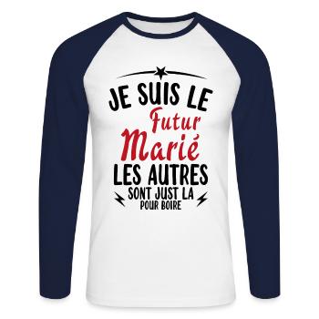 Cadeau de célibataire pour un futur marié - T-shirt baseball manches longues Homme - blanc/marine - Devant - Nik (191cm)
