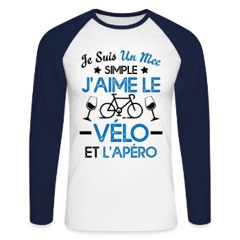 Je suis un mec simple j'aime le vélo et l'apéro - T-shirt baseball manches longues Homme - blanc/marine - Devant - Nik (191cm)