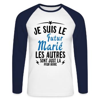 Cadeau de célibataire pour un futur marié - T-shirt baseball manches longues Homme - blanc/marine - Devant - Nik (191cm)