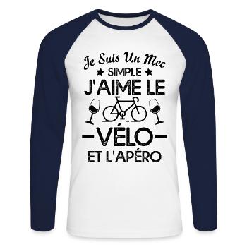 Je suis un mec simple j'aime le vélo et l'apéro - T-shirt baseball manches longues Homme - blanc/marine - Devant - Nik (191cm)