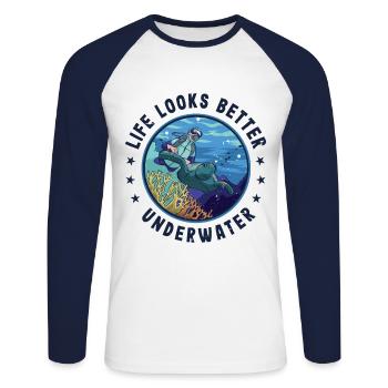 Life Looks Better Underwater Scuba Diver Diving Sn - Unisex Baseballshirt langarm - Weiß/Navy - Vorne - Nik (191cm)