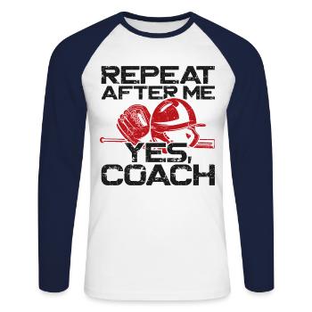 Entraîneur de fans de baseball Vintage Repeat - T-shirt baseball manches longues Homme - blanc/marine - Devant - Nik (191cm)