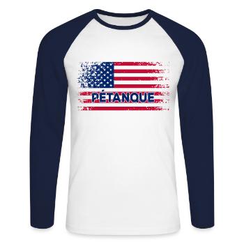 Pétanque Amérique Drapeau Boul Joueur Drapeau - T-shirt baseball manches longues Homme - blanc/marine - Devant - Nik (191cm)