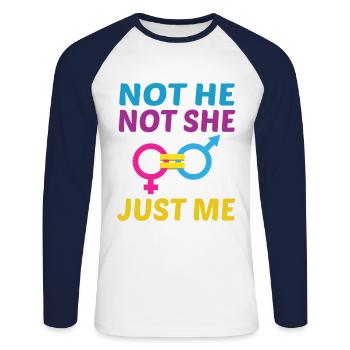 Not He Not She Just Me Lesbian Proud Rainbow Queer - Unisex Baseballshirt langarm - Weiß/Navy - Vorne - Nik (191cm)