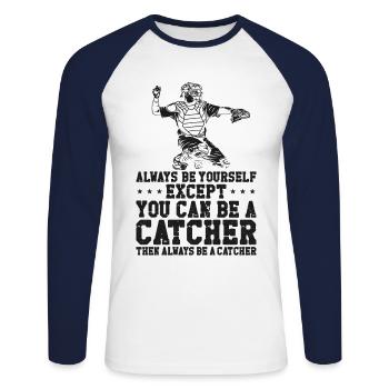 Baseball Fan Catcher Vintage - T-shirt baseball manches longues Homme - blanc/marine - Devant - Nik (191cm)