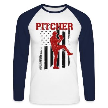 Baseball Fan Pitcher Vintage - T-shirt baseball manches longues Homme - blanc/marine - Devant - Nik (191cm)