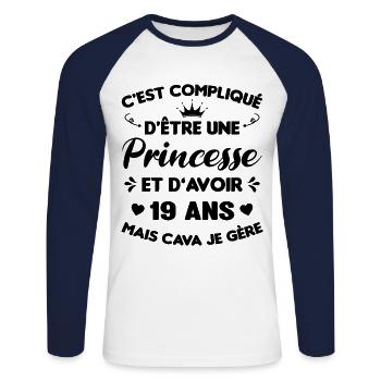 Princesse 19 Ans Anniversaire Idée Cadeau PinK - T-shirt baseball manches longues Homme - blanc/marine - Devant - Nik (191cm)
