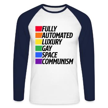 Fully Automated Luxury Gay Space Communism Lesbian - Unisex Baseballshirt langarm - Weiß/Navy - Vorne - Nik (191cm)