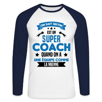 On Sait Qu'on Est Un Super Coach - T-shirt baseball manches longues Homme - blanc/marine - Devant - Nik (191cm)
