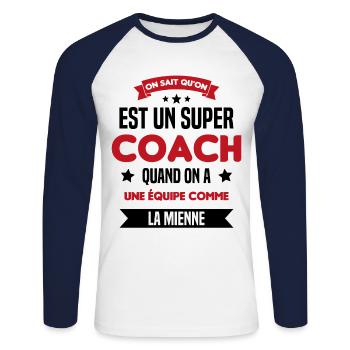 On Sait Qu'on Est Un Super Coach - T-shirt baseball manches longues Homme - blanc/marine - Devant - Nik (191cm)