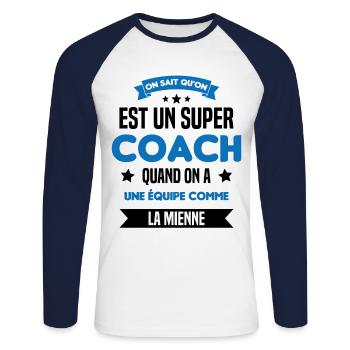 On Sait Qu'on Est Un Super Coach - T-shirt baseball manches longues Homme - blanc/marine - Devant - Nik (191cm)