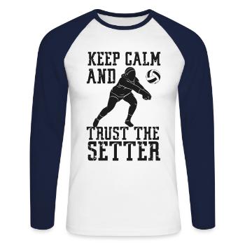 L’équipe de joueurs de volleyball garde son calme - T-shirt baseball manches longues Homme - blanc/marine - Devant - Nik (191cm)