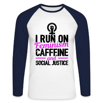 I Run On Feminism Caffeine And Social Justice Gay - Unisex Baseballshirt langarm - Weiß/Navy - Vorne - Nik (191cm)