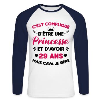 Princesse 29 Ans Joyeux Anniversaire Idée Cadeau - T-shirt baseball manches longues Homme - blanc/marine - Devant - Nik (191cm)