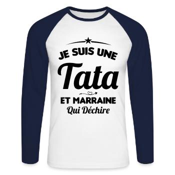Je Suis Une Tata et Marraine Qui Déchire - T-shirt baseball manches longues Homme - blanc/marine - Devant - Nik (191cm)